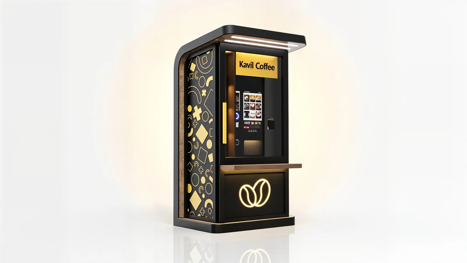 Indoor-Café von Kavil mit Kaffeemaschine, Bezahlterminal und Gehäuse im Markendesign, Visualisierung
