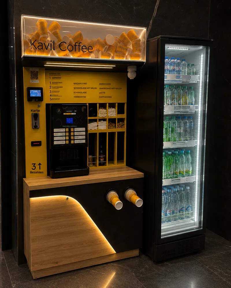 Kavil indoor coffee shop in a business centre lobby next to a drinks fridge, visualisation
