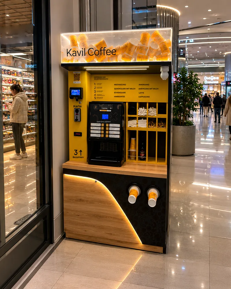 Kavil indoor coffee shop by the entrance to a grocery store, visualisation