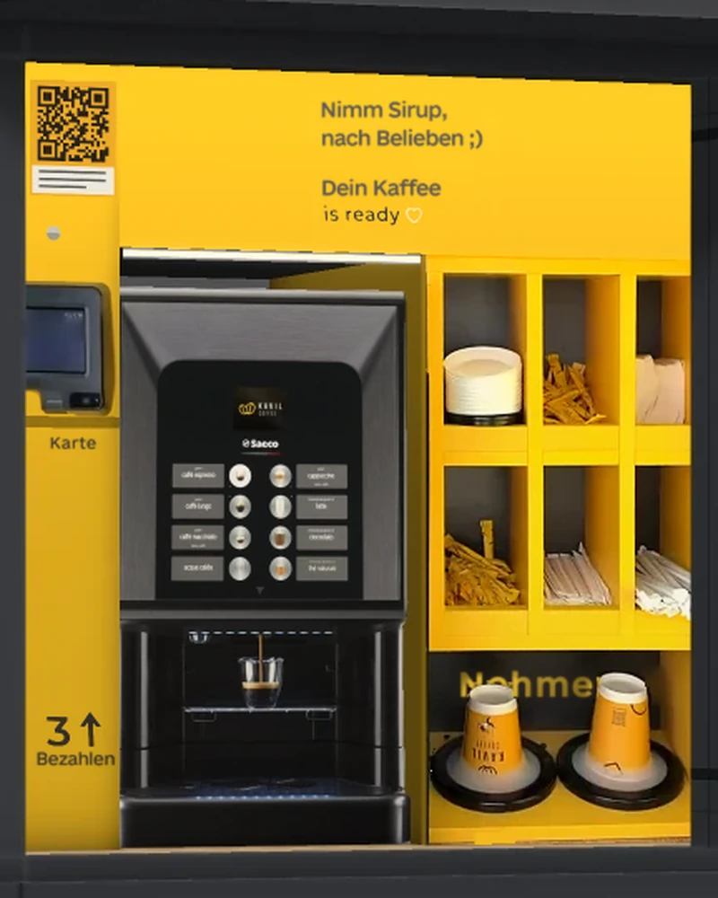 Nische des Outdoor-Cafés von Kavil: Kaffeevollautomat, Organizer, zwei Becherspender und Bezahlterminal, Visualisierung