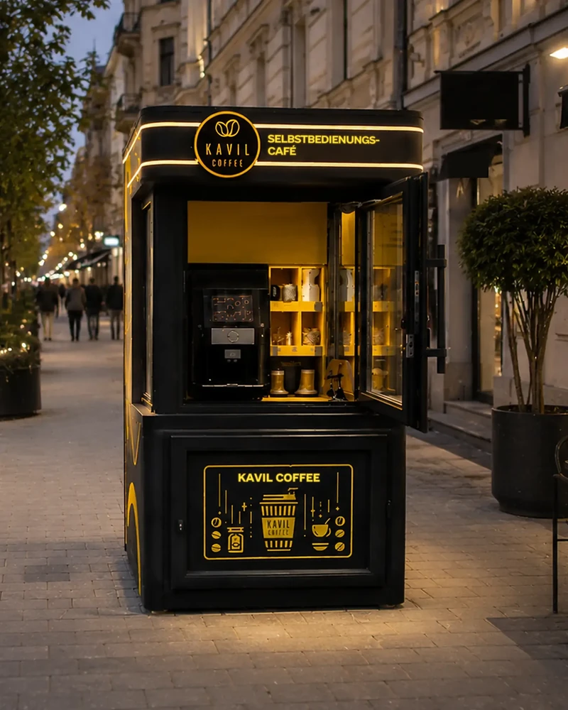 Outdoor-Café von Kavil in einer Fußgängerzone am Abend, Visualisierung