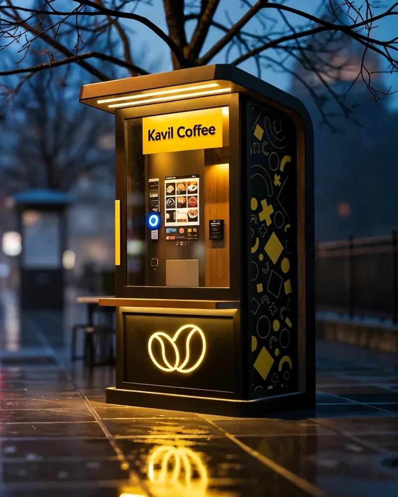 Outdoor-Café von Kavil an einer Straße in der Stadt bei Nacht, Visualisierung